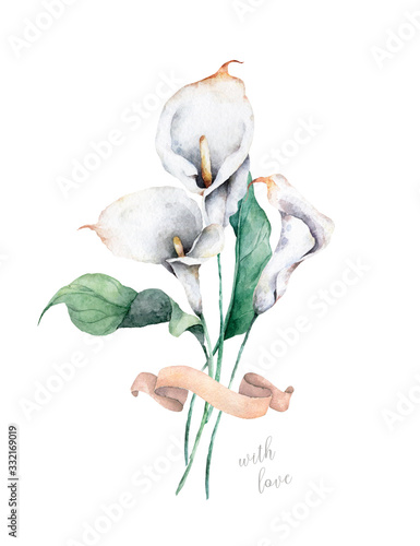 Watercolor calla bouquet. Hand drawn Illustration, elegant painting isolated clip art on white background photo