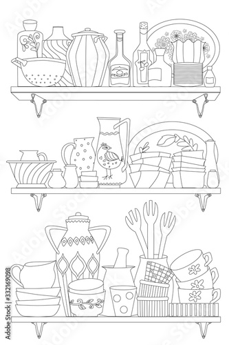 rustic shelves with ornate tableware, cups, pots, jugs for your