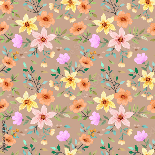 Colorful flowers in vintage color seamless pattern for fabric textile. © teerawat