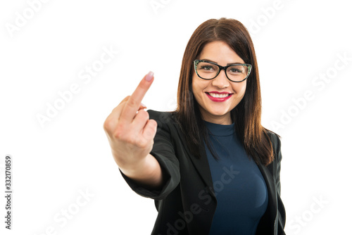 Wallpaper Mural Portrait of young business girl wearing glasses showing middle finger Torontodigital.ca
