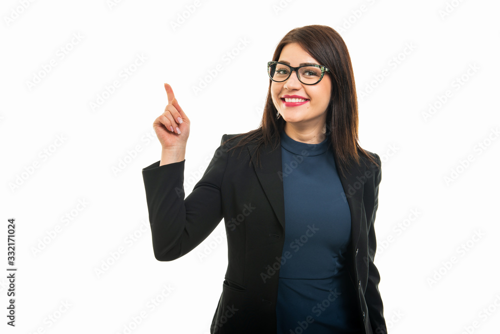 Portrait of business girl wearing glasses making idea gesture Portrait of business girl wearing glasses making idea gesture