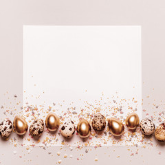 Happy easter greeting card. Golden eggs border and pastel sugar sprinkles. Monochrome retro tinted