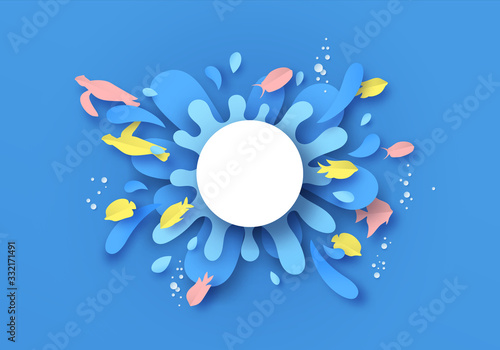 Water splash paper cut template with colorful fish