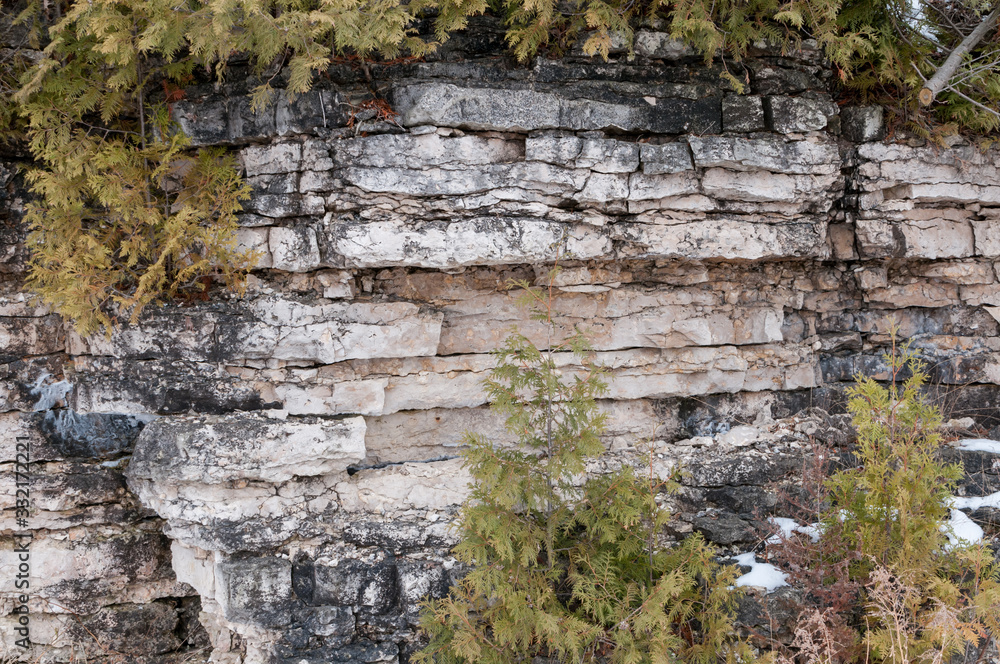 450 million year old Niagara Escarpment dolomite stone ridge near Green Bay shoreline..