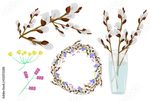 Set of pussy willow twig, willow catkins branches bouquet in glass vase, round frame and small flowers isolated on white background. For spring and Easter decorations design.Stock vector illustration