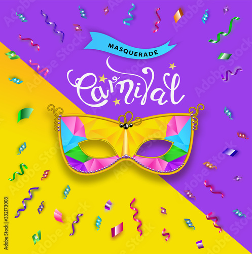 Carnival Mask banner on violet yellow background. Happy carnival festive concept. Vector illustration . Mardi gras. Serpentine with shadow around Carnival Mask. Serpentine in circle