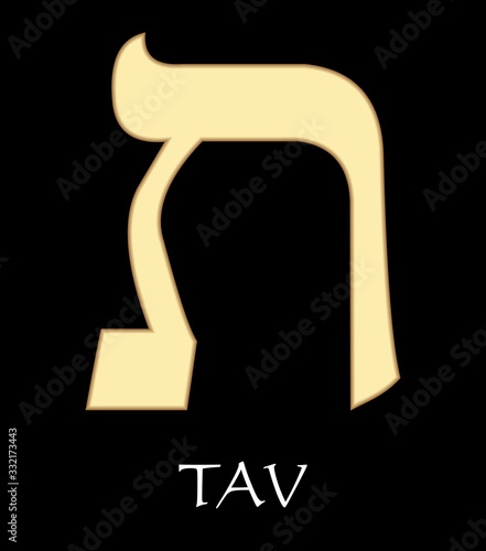 Hebrew letter tav, twenty-second letter of hebrew alphabet, meaning is eternity, gold design on black background, vector alefbet