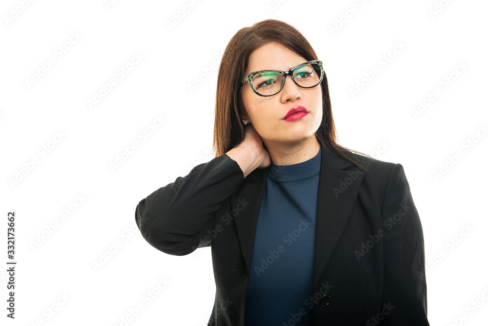 Portrait of business girl wearing making back head ache gesture