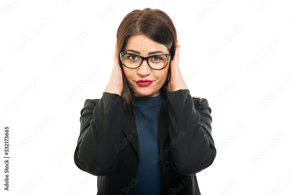 Portrait of business girl wearing covering ears like deaf Portrait of business girl wearing covering ears like deaf