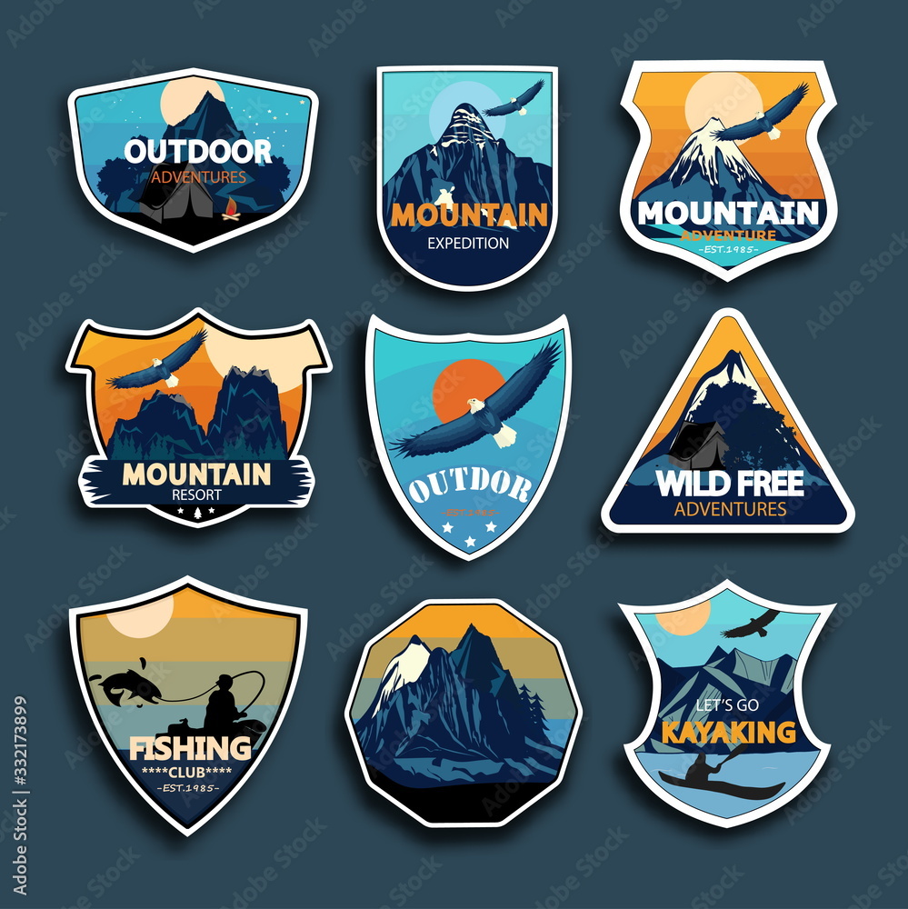 Set of nine mountain travel emblems. Camping outdoor adventure emblems, badges and logo patches.