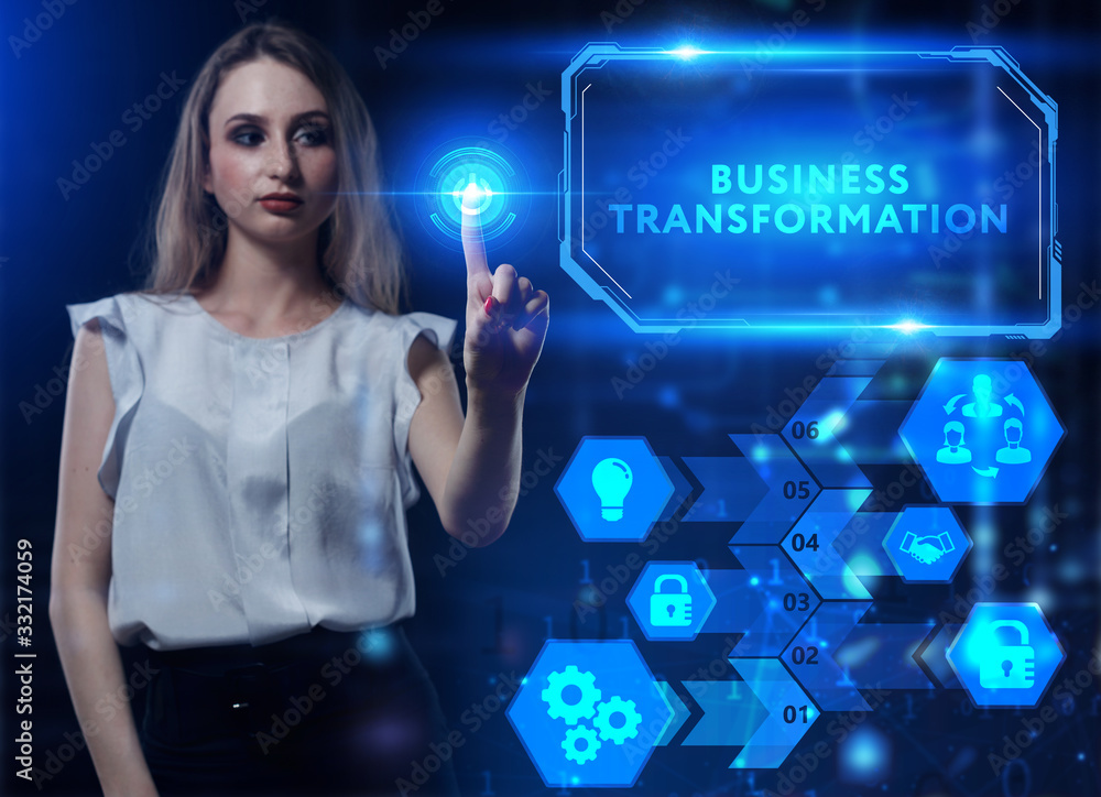 Business, Technology, Internet and network concept. Young businessman working on a virtual screen of the future and sees the inscription: