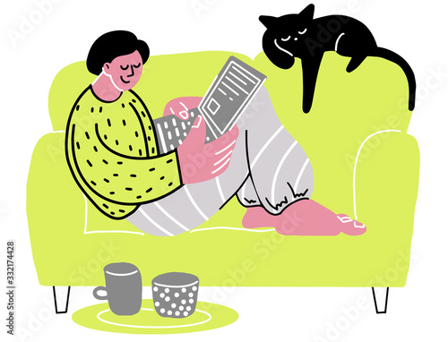 Remote work. stay at  home. Coronavirus quarantine concept. Manand cat sitting on sofa and working on laptop . Flat cartoon vector illustration photo