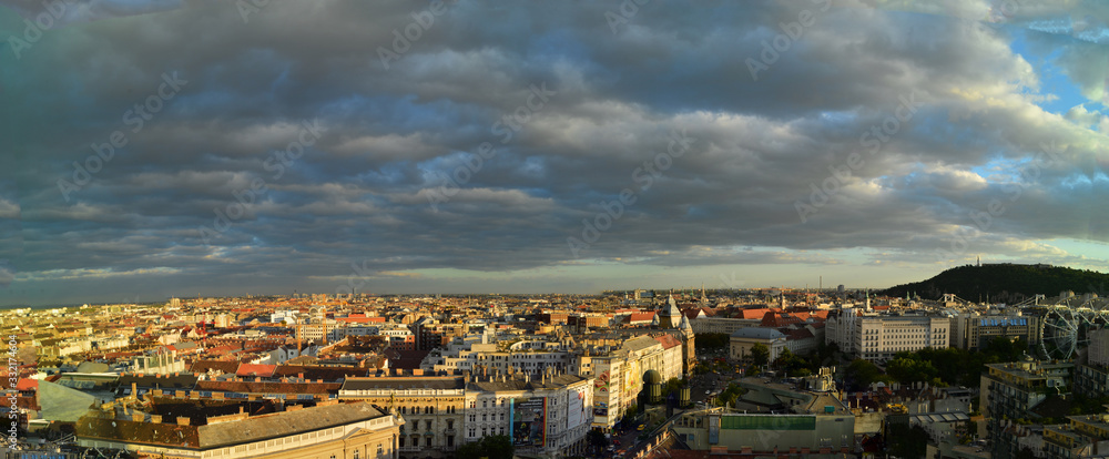 rooftops of budapest hungary from above in panorama in the evening mood