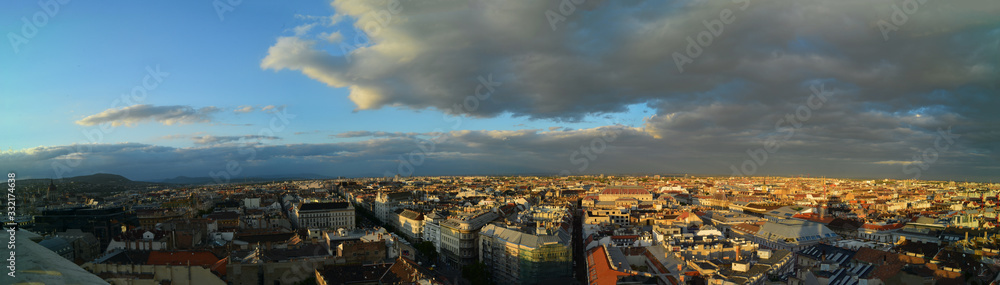 rooftops of budapest hungary from above in panorama in the evening mood