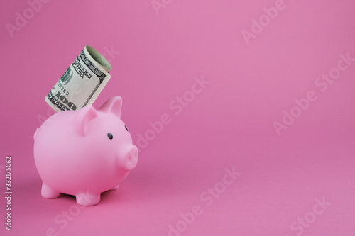 Pink piggy bank with 100 dollar in it on the pink background.Concept of saving money, investment, banking or business services.