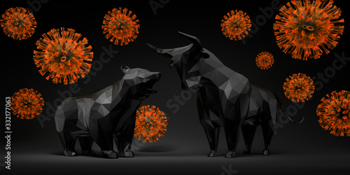 Foto Bull and bear with corona virus - 3D illustration