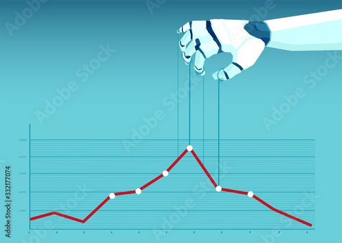 Vector of robot hand controlling market financial graphic chart.