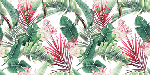 Gardinen Mustersammlungen Nahtloses Blumenmuster mit tropischen Blumen und Blättern auf hellem Hintergrund. Vorlagendesign für Textilien, Interieur, Kleidung, Tapeten. Aquarellillustration  © ola-la