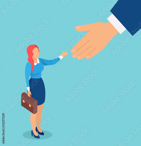 Vector of a young businesswoman being supported by a big business