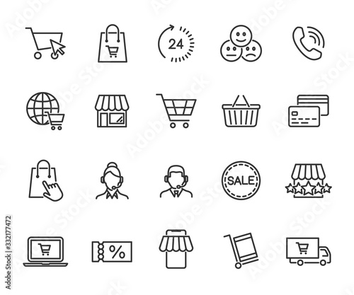 Vector set of online shopping line icons. Contains icons online store, feedback, shopping cart, delivery, support, payment card and more. Pixel perfect.