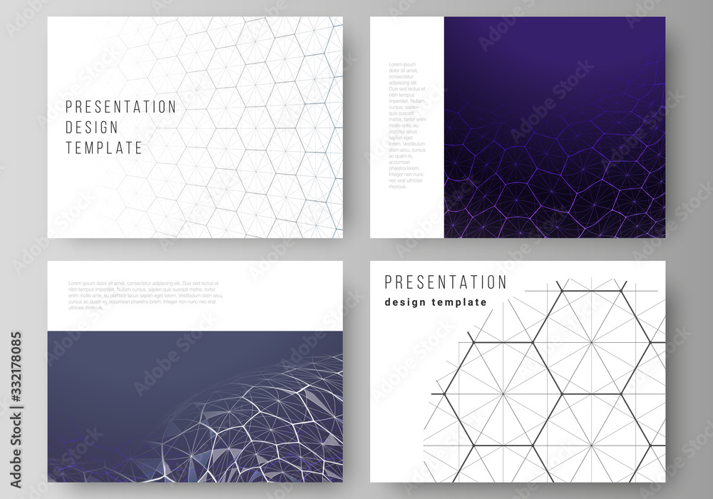Vector layout of the presentation slides design business templates. Digital technology and big data concept with hexagons, connecting dots and lines, polygonal science medical background. Vector layout of the presentation slides design business templates. Digital technology and big data concept with hexagons, connecting dots and lines, polygonal science medical background.
