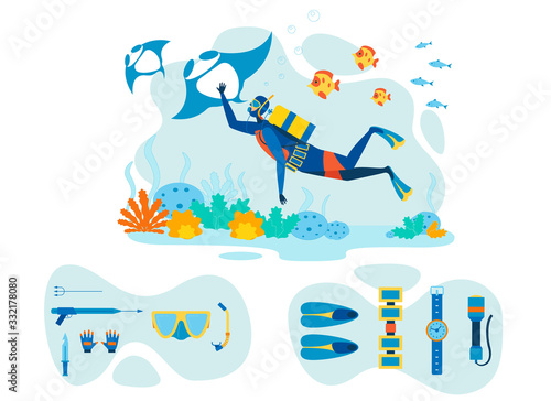 Snorkeling Equipment Flat Vector Illustrations Set. Speargun, Snorkel Spearfishing Tools and Instruments. Diver Exploring Underwater Marine Life, Flora and Fauna. Scuba Diving Extreme Hobby