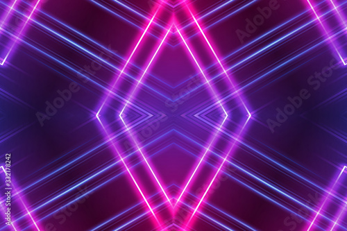 Dark abstract futuristic background. Neon glow  light lines  shapes. UV radiation. Empty Stage Background