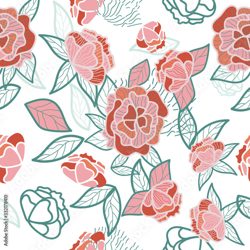 Seamless repeat pattern with flowers in pastel orange on white background. Hand drawn vector design for fabric, gift wrap, wall art, etc.