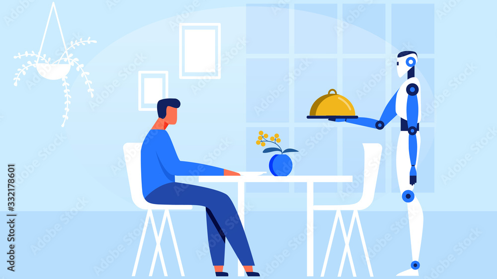 Obraz premium Robot Waiter Serving Man in Restaurant Flat Vector Illustration. Cartoon Male Character Sitting at Table in Modern Cafe. Artificial Intellect Offers Person Tray with Dishes in Restauran. Giving Food.