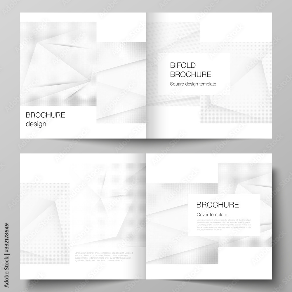 Vector layout of two covers templates for square design bifold brochure, flyer, cover design, book design, brochure cover. Halftone dotted background with gray dots, abstract gradient background. Vector layout of two covers templates for square design bifold brochure, flyer, cover design, book design, brochure cover. Halftone dotted background with gray dots, abstract gradient background.