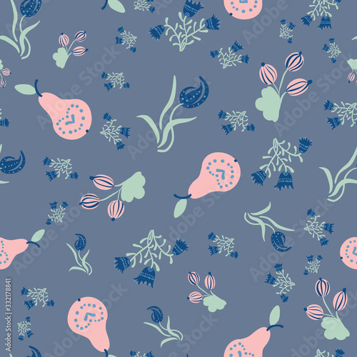 Pears, gooseberries, and flowers seamless vector pattern. Folk inspired farm fruit themed surface print design. Great for fabrics, stationery and packaging.