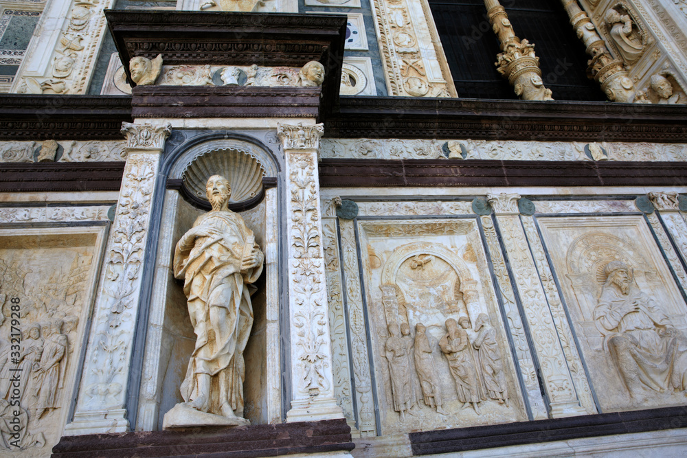 Pavia (PV), Italy - June 09, 2018: Certosa di Pavia details of facade, Pavia, Lombardy, Italy