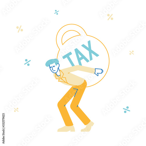 Loan Payment, Taxation Concept. Businessman Pulling Huge Round Weight with Tax Inscription on Back. Bank Debt and Career Failure, Mortgage Debentures and Business Problems. Linear Vector Illustration