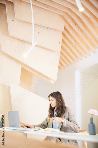 Vertical wide angle portrait of pretty young woman working with laptop while sitting at desk in design interior, copy space