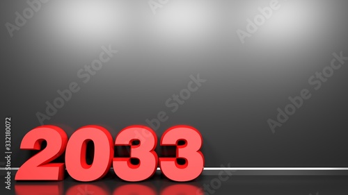 2033 red write at black glossy wall background - 3D rendering illustration