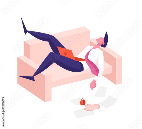Procrastination, Overwork Burnout Symptoms Concept. Lazy, Boring or Tired Businessman Character with Low Energy Sleep at Working Place on Couch with Scattered Documents. Cartoon Vector Illustration