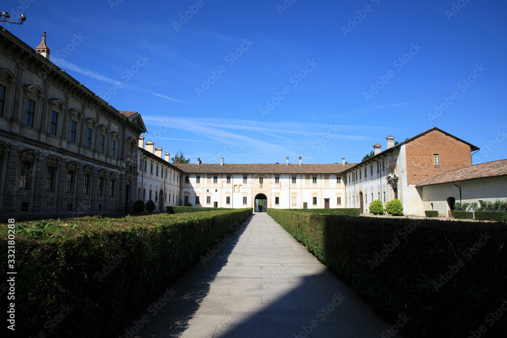 Pavia (PV), Italy - June 09, 2018: Certosa di Pavia area and Carthusian Monastery, Pavia, Lombardy, Italy