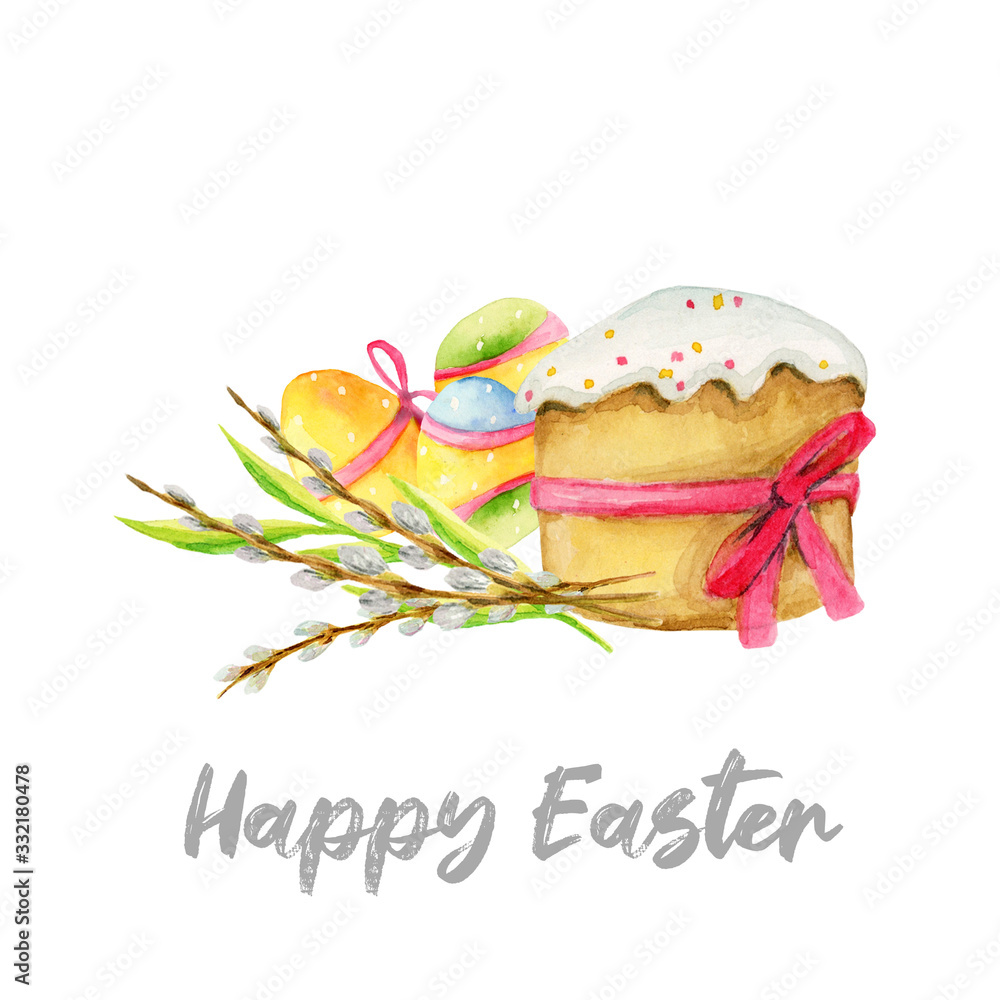 Greeting card on the theme of Easter made in watercolor. Invitation with spring Easter symbols for printing and decoration of the Easter holiday. Greeting card on the theme of Easter made in watercolor. Invitation with spring Easter symbols for printing and decoration of the Easter holiday.