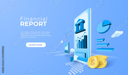 Business finance bank service with mobile application on world map. financial report screen with data and graph. vector 3d perspective illustration.
