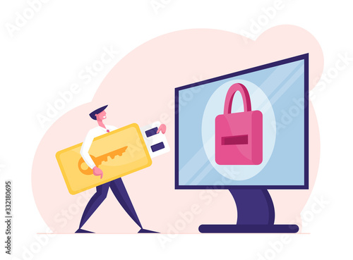 Business Man Character with Huge Electronic Key Stand at Computer Desktop with Padlock on Screen. Male Character User Enter Account Password, Two-factor Authentication. Cartoon Vector Illustration