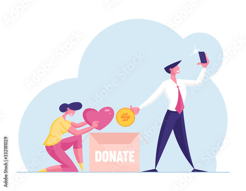 Donation and Altruism Concept. Selfless Woman Put Heart into Donate Box, Insincere Businessman Character Put Gold Coin and Making Selfie to Make Post in Internet. Cartoon People Vector Illustration