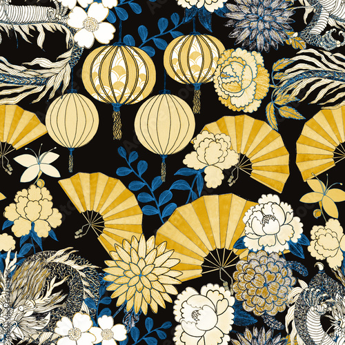 Creative seamless pattern with hand drawn chinese art elements: dragon, lante...