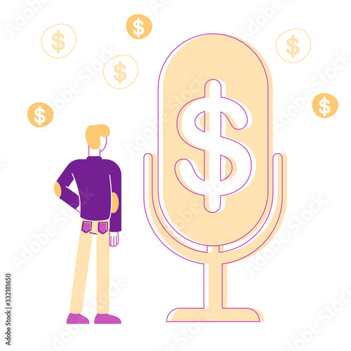 Male Character Stand at Huge Microphone with Dollar Sign and Coins Flying around. Money Talks and Financial Radio or Tv Program Broadcasting. Businessman Speaking of Money. Linear Vector Illustration