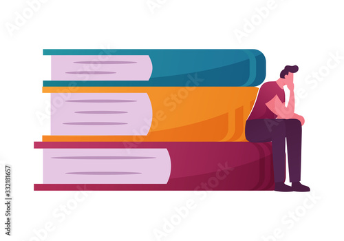 Thoughtful Man Sitting on Huge Book Pile. Young Male Character Philosophy Reflections. Student Spend Time in Library or Prepare for Examination, Thinking, Get Knowledge. Cartoon Vector Illustration