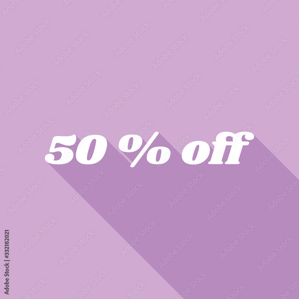 50% off inscription. White Icon with long shadow at purple background. Illustration.