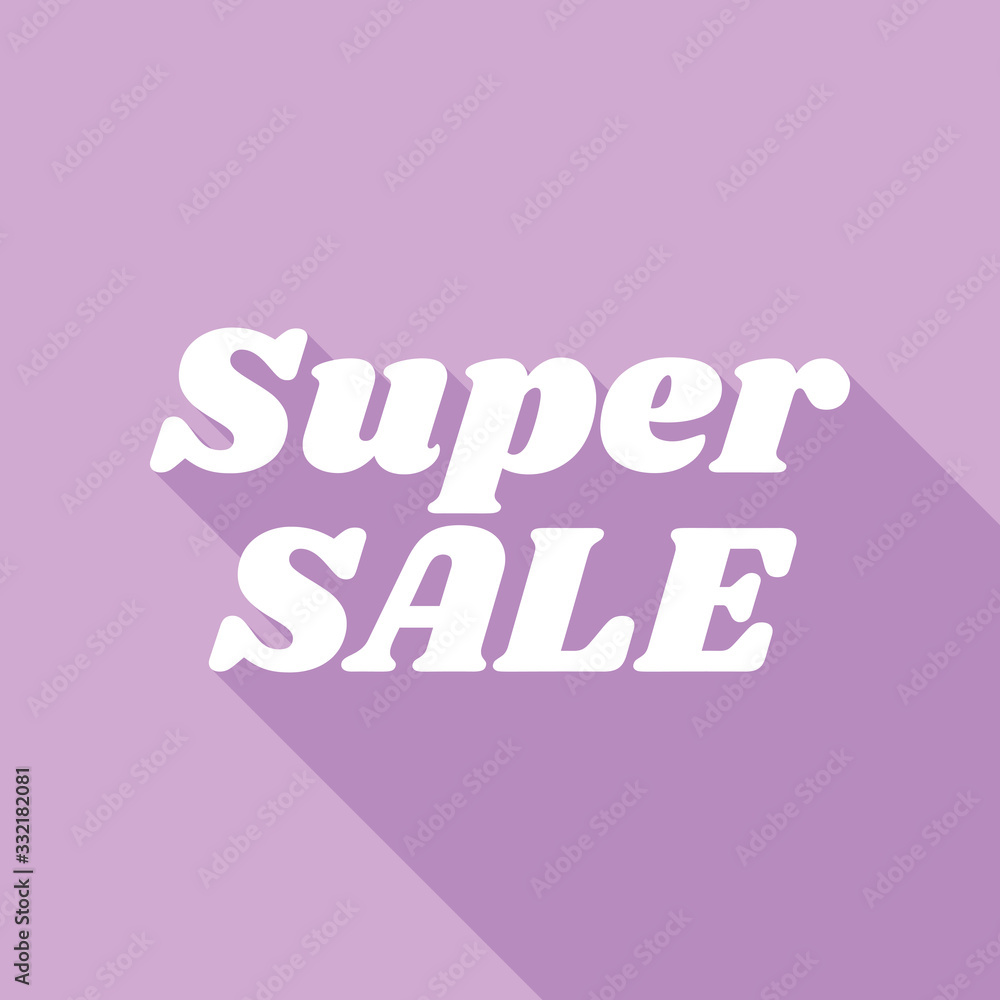 Super Sale inscription. White Icon with long shadow at purple background. Illustration.