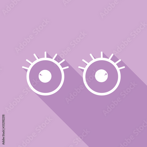 Open cartoon eyes sign. White Icon with long shadow at purple background. Illustration.