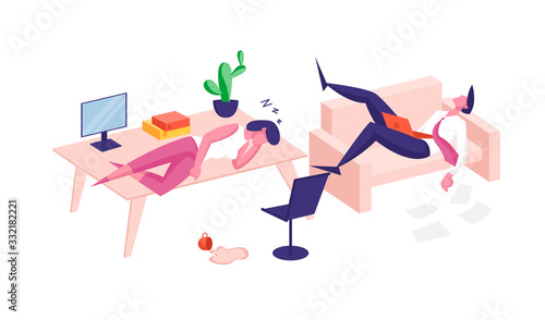 Tired or Overworked Business Characters Sleep on Office Desk and Couch. Laziness, Emotional Burnout. Employees Sleeping at Working Place with Pc and Spilled Coffee. Cartoon People Vector Illustration