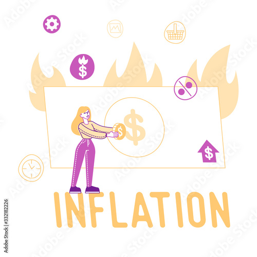 Inflation, Price Rising and Stock Market Recession Concept. Female Character with Gold Coin in Hands Stand at Huge Burning Paper Money Bill. Economics Crisis, Lost Profit. Linear Vector Illustration