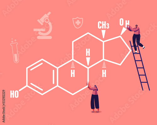 Tiny Female Characters at Huge Estrogen Formula with Medical Icons around. Woman Health, Gynecology Medicine Check Up, Progesterone and Estradiol Hormonal Therapy. Cartoon People Vector Illustration